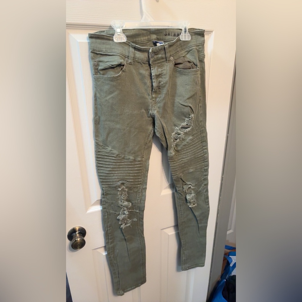 H&M Divided- Distressed/Ripped Mens- Khaki Green Denim Skinny Jeans/Pants